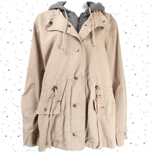 Grey Jersey Hooded Military Utility Jacket Khaki - Picture 2 of 7